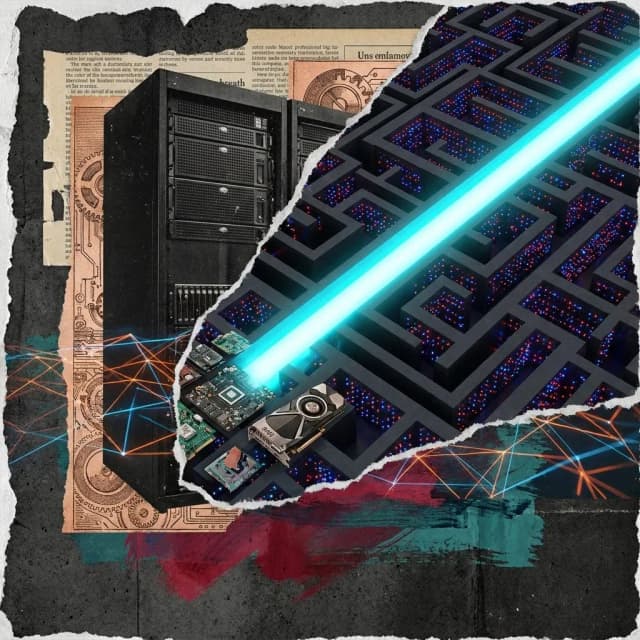 Surreal mixed-media collage depicting a sparse MoE model routing a concentrated light beam through a complex server network Surreal mixed-media collage depicting a sparse MoE model routing a concentrated light beam through a complex server network